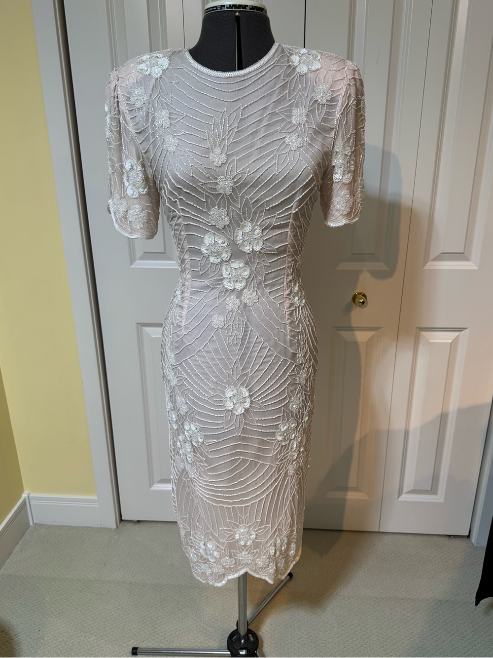 Scala Blush Pink Beaded Midi Dress with Floral Appliqué